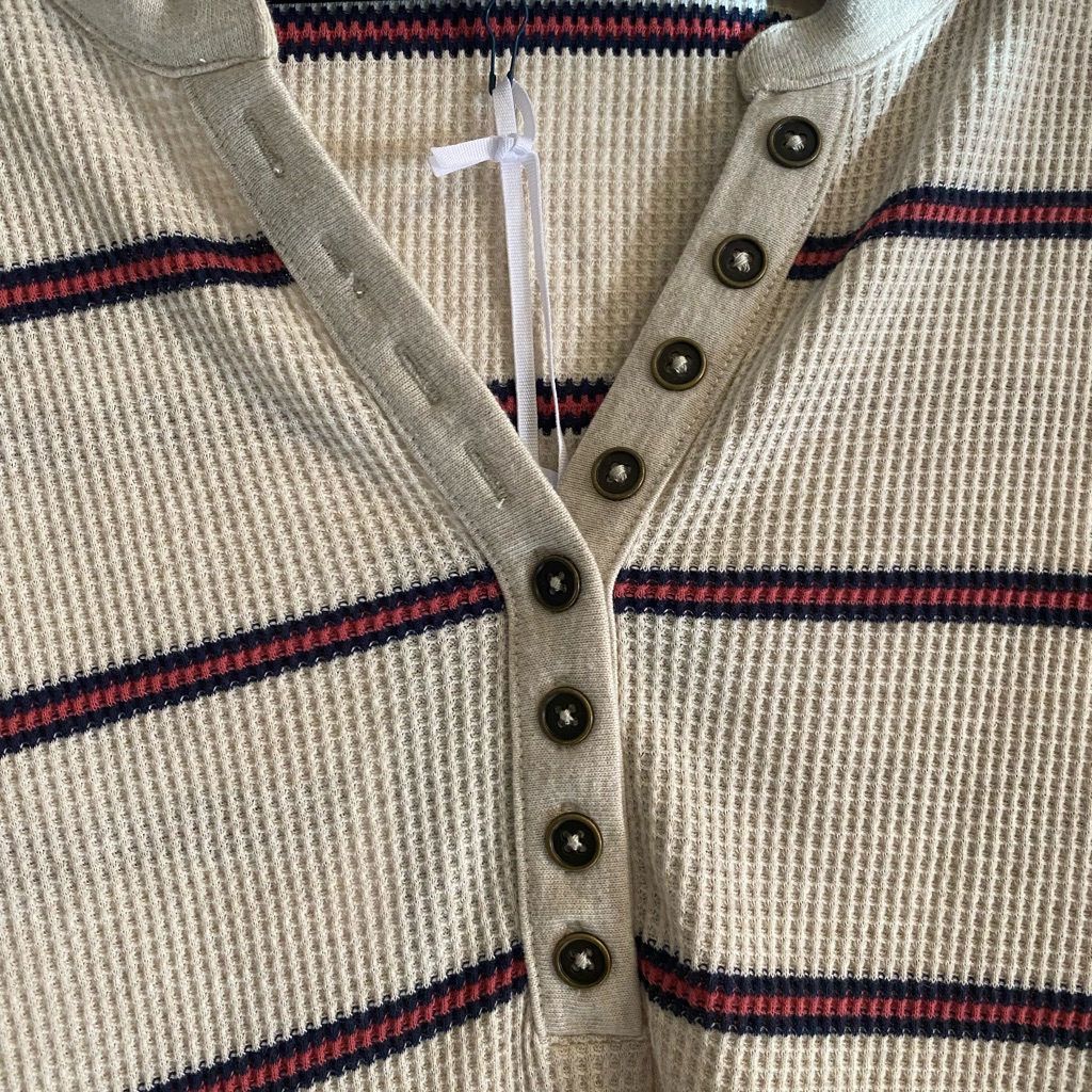 Market & Spruce Women's Waffle Knit Henley Shirt Tan With Stripes Long Sleeve — image 6 of 8